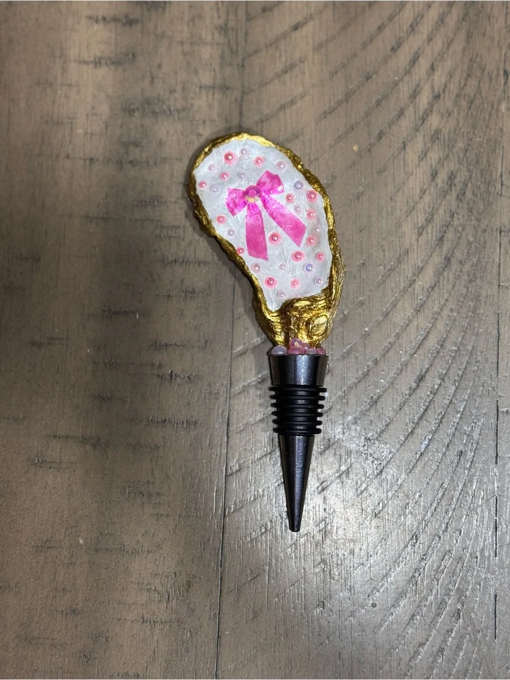 Handmade Gold & Pink Beaded Wine Stopper with Bow Detail